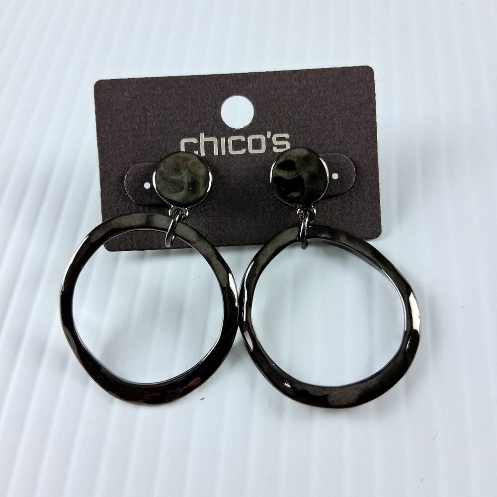 Chico's Gunmetal Black Hammered Dangle Hoop Earrings Fashion Jewelry